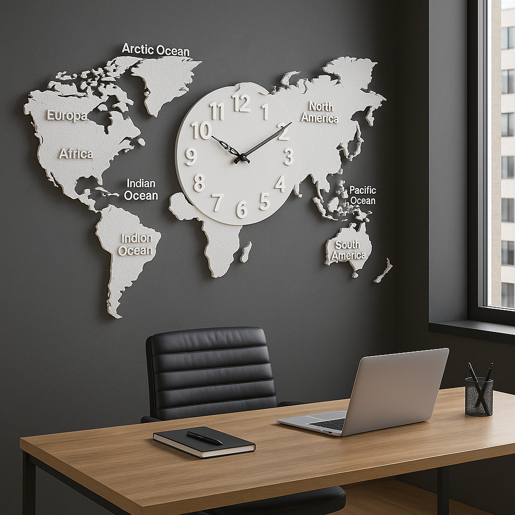 ChatGPT Image Sep 28, 2025, 09_37_09 AM Premium White World Map Wall Clock – Modern Decorative Timepiece - Image 1